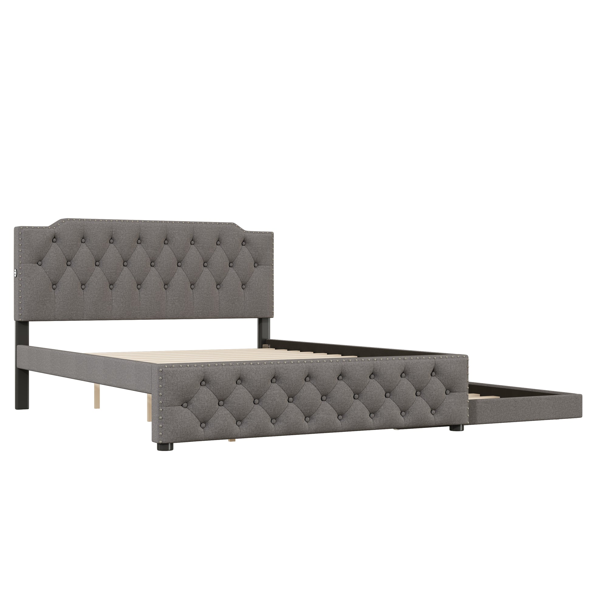 Gray upholstered bed frame with tufted headboard and storage drawer