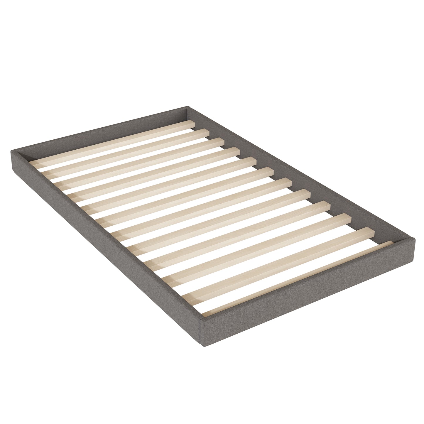 Grey fabric bed frame with wooden slats