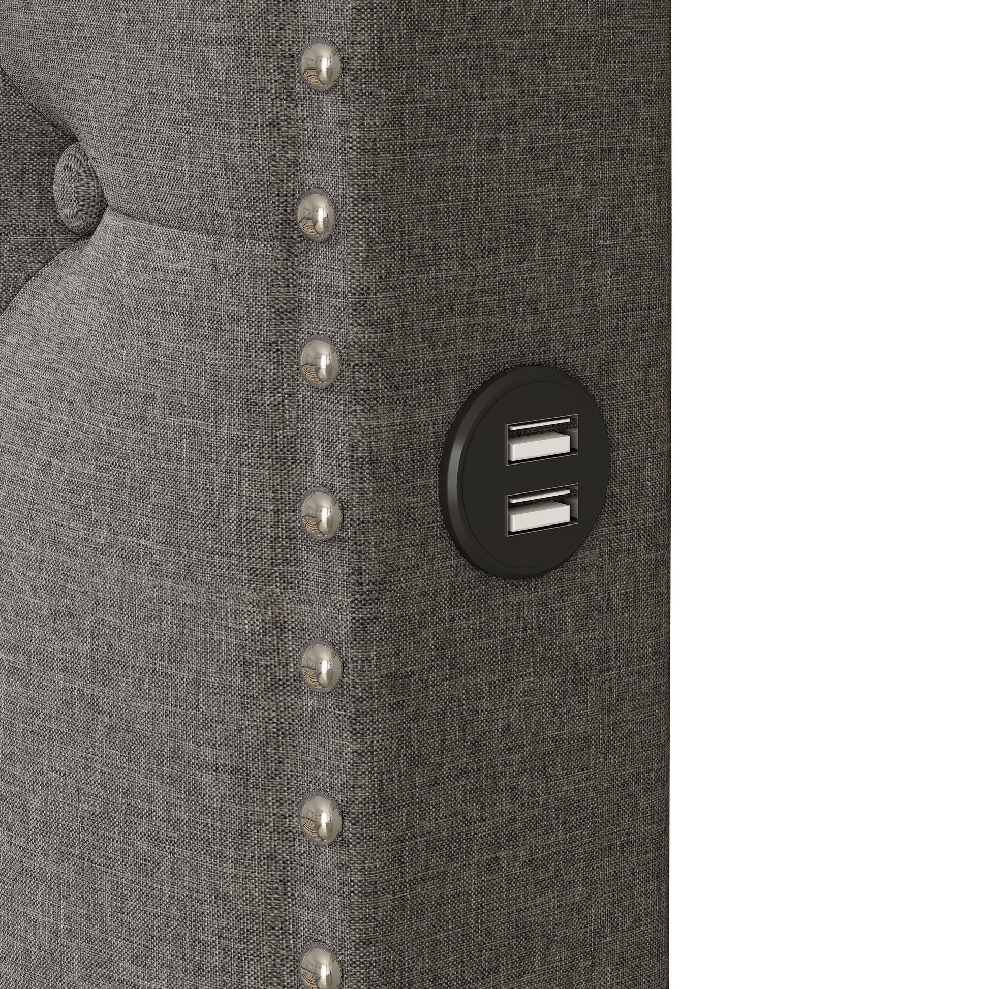 Gray upholstered bed frame with builtin USB charging ports