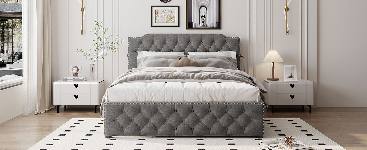 Grey upholstered tufted queen bed frame with nailhead trim