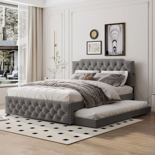 Grey upholstered tufted bed frame with pullout trundle perfect for guest rooms