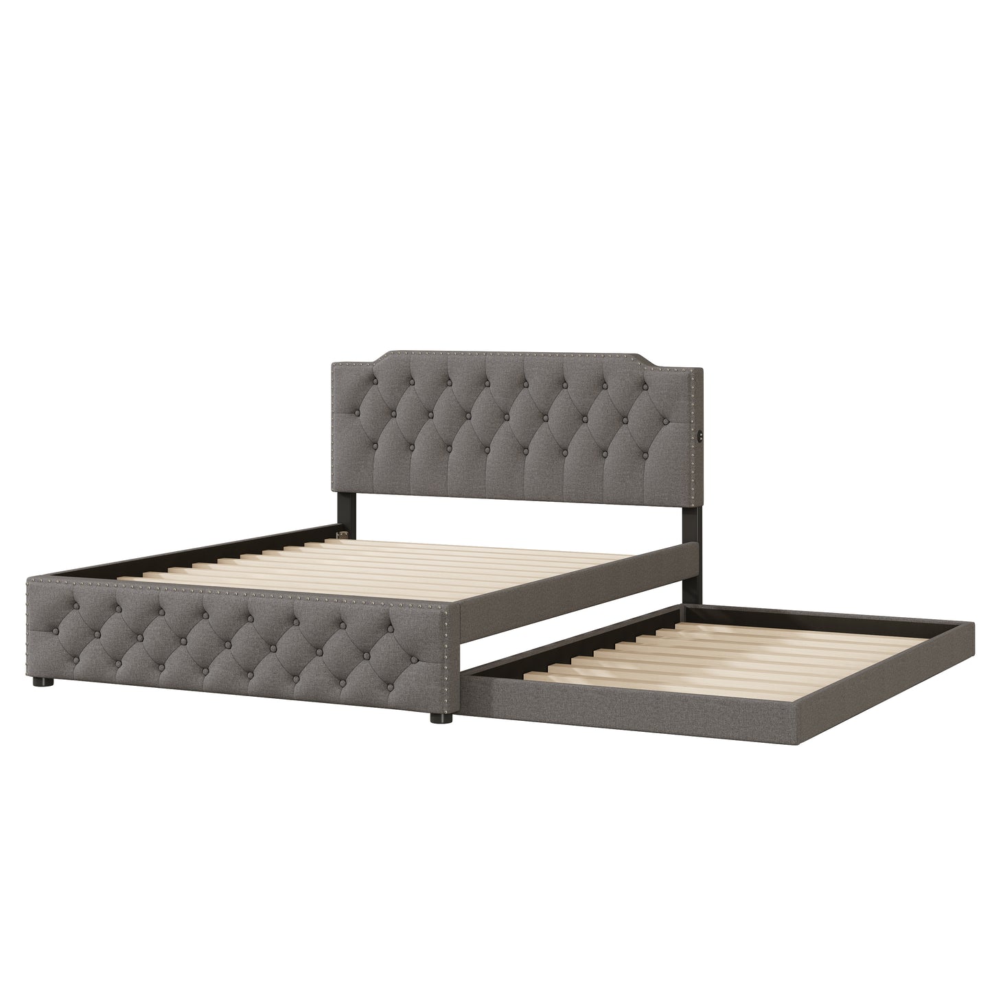 Gray upholstered platform bed with tufted headboard and pullout trundle