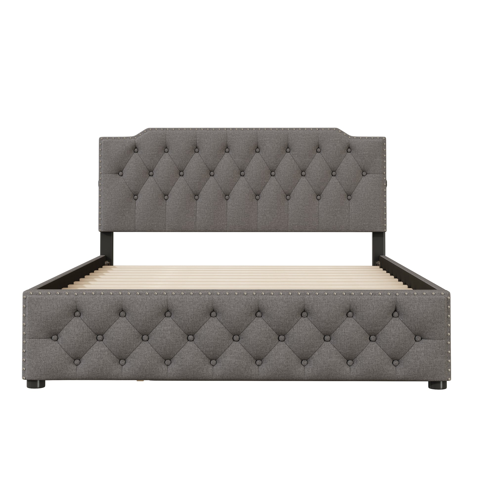 Tufted grey upholstered bed frame with silver nailhead trim