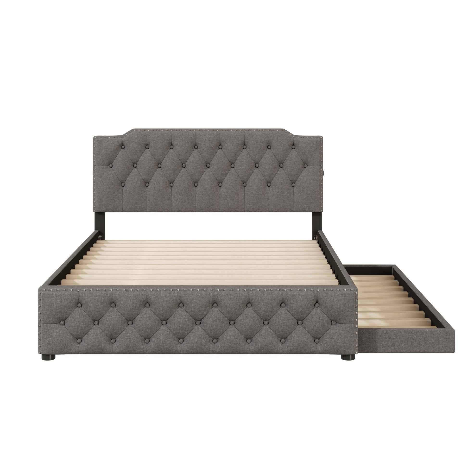 Gray upholstered bed frame with diamond tufting and pullout storage drawer