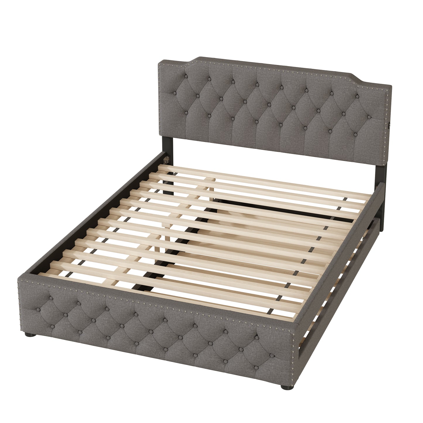 Gray tufted upholstered bed frame with wooden slats
