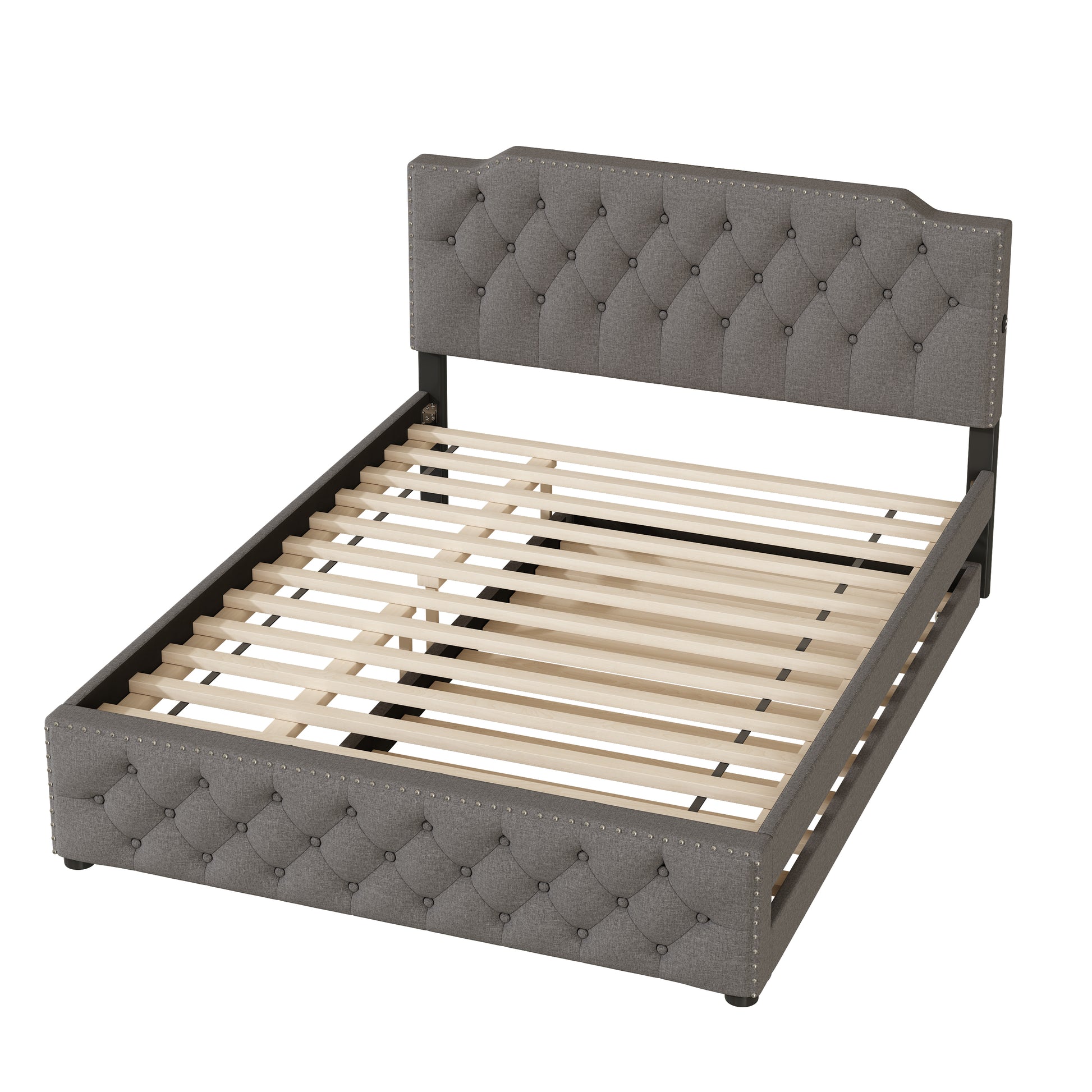 Gray tufted upholstered bed frame with wooden slats