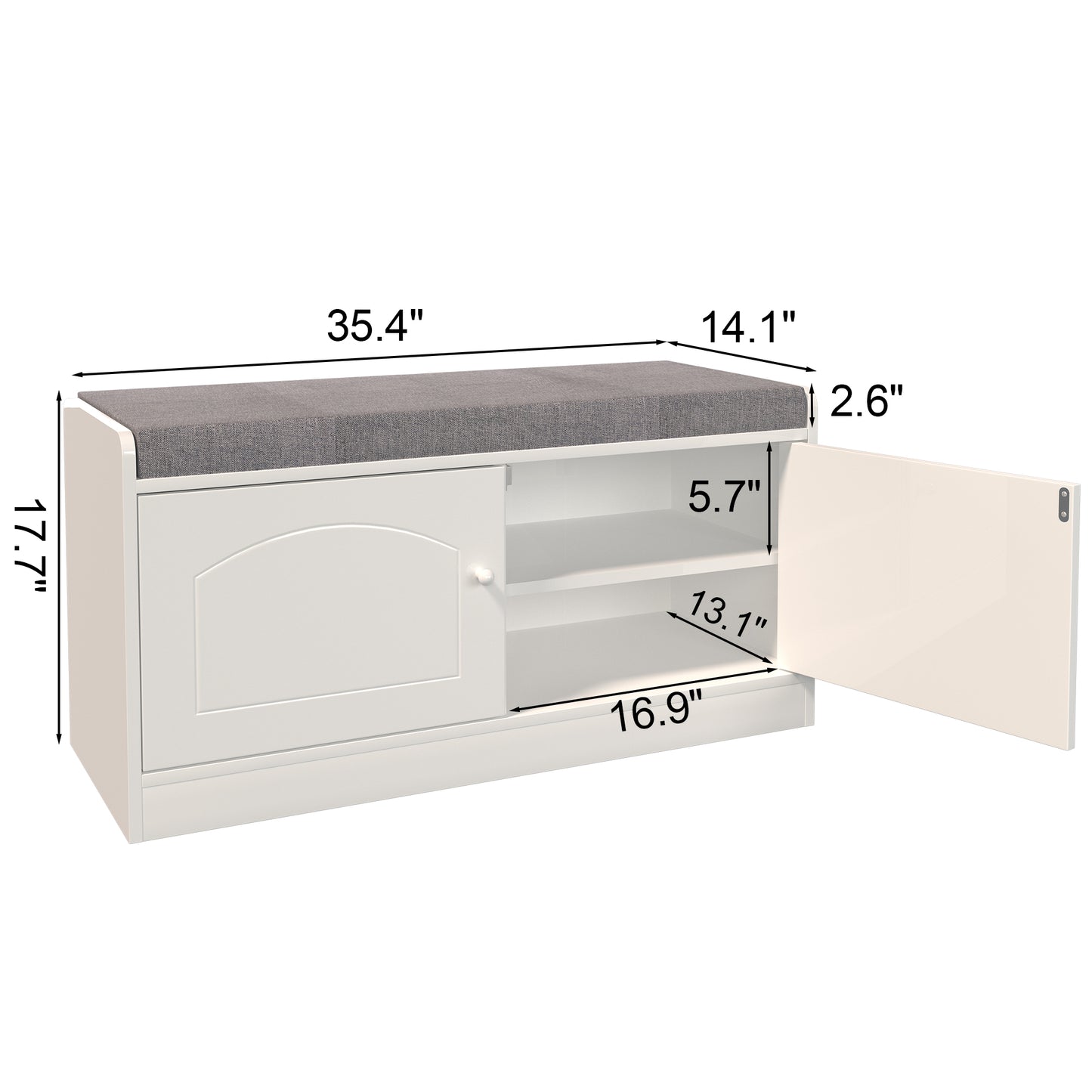 White shoe bench with gray upholstered seat and open compartment