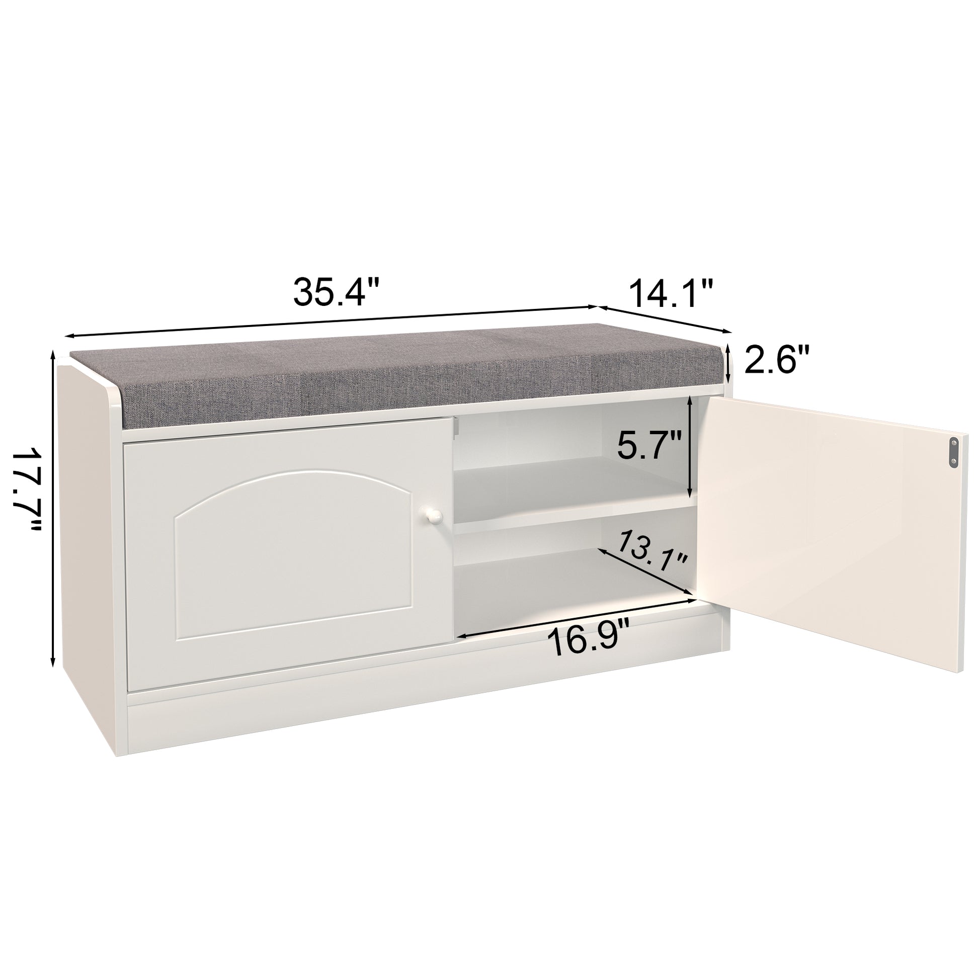 White shoe bench with gray upholstered seat and open compartment