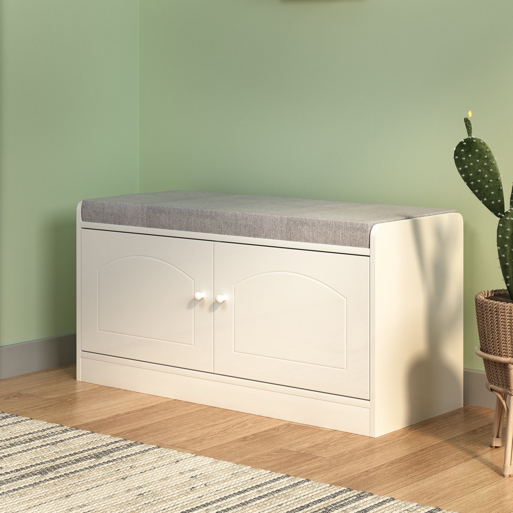 White shoe cabinet bench with upholstered seat and double doors