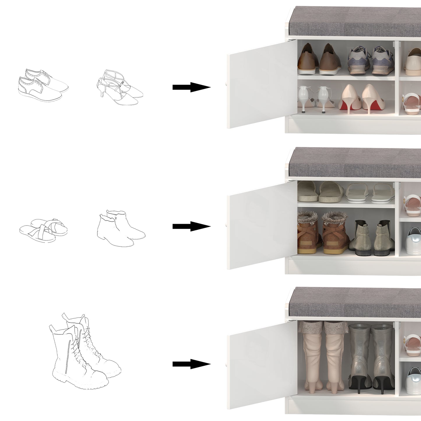 Brown leather dress shoes and grey sneakers stored in white shoe cabinet