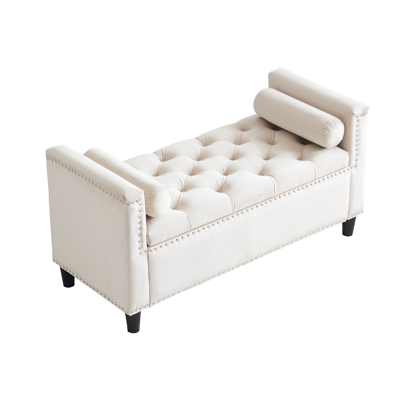 Cream velvet storage bench with tufted cushion and silver nailhead trim