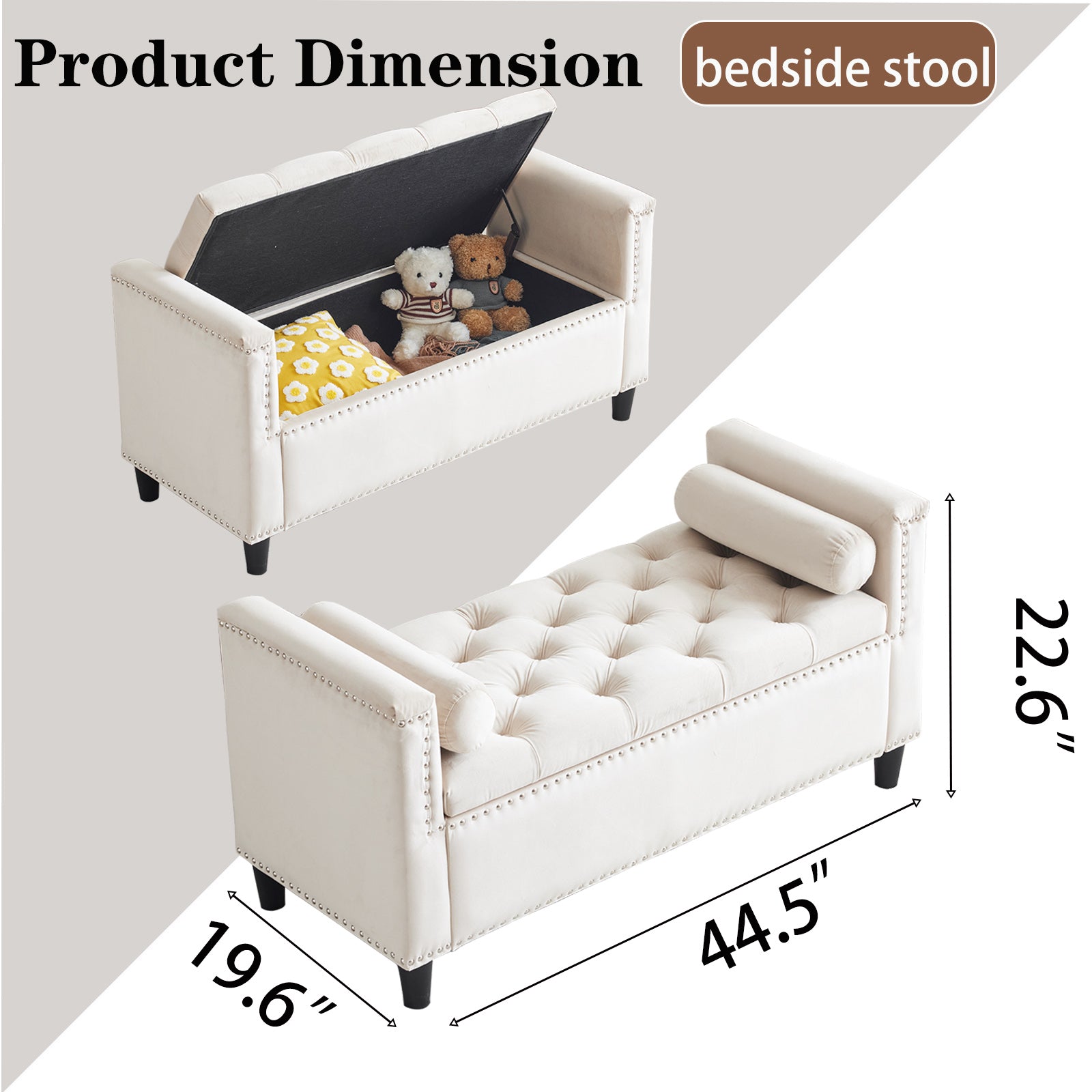 Cream upholstered storage bench with tufted seat and nailhead trim