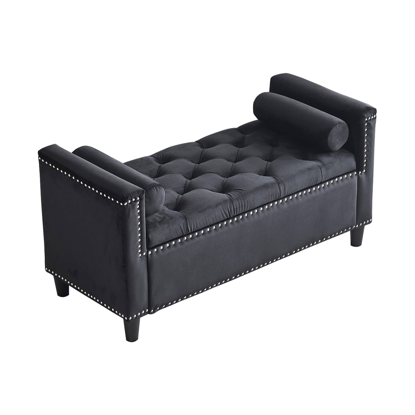 Black velvet storage bench with tufted seat and silver nailhead trim accents