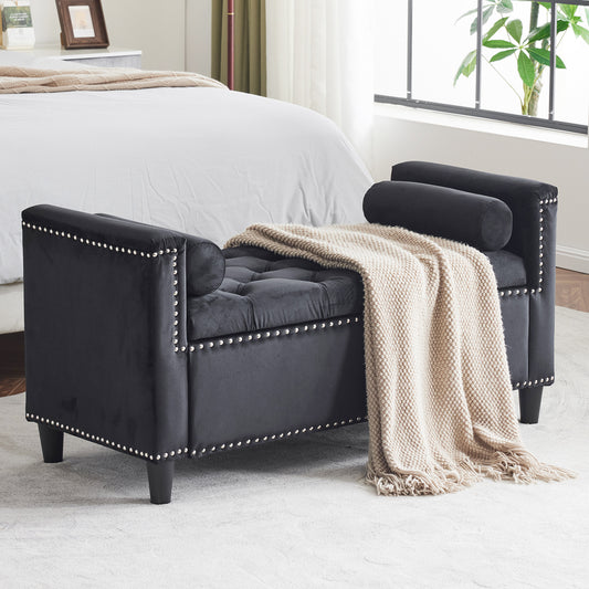 Black velvet storage bench with tufted seat and studded trim