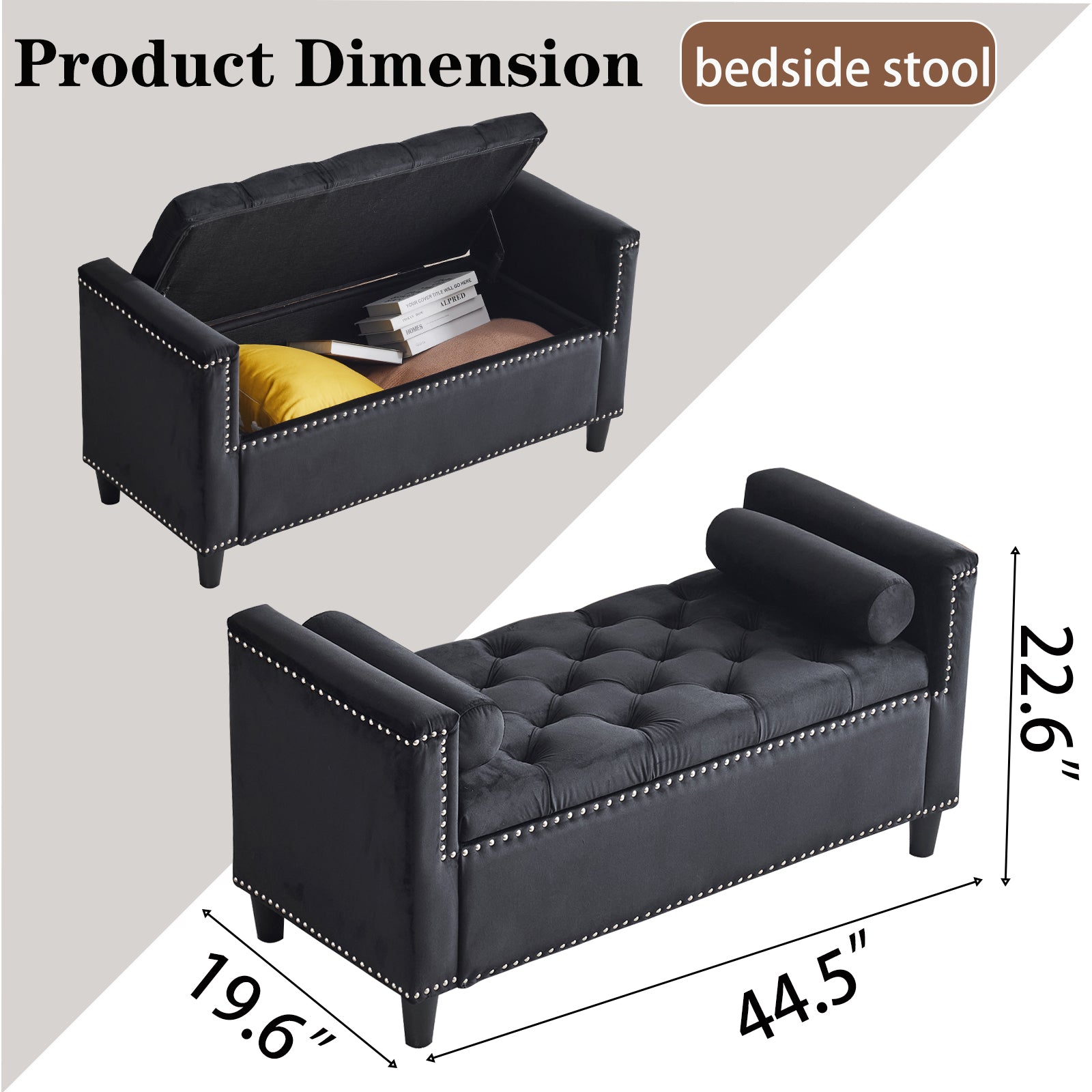 Black velvet storage ottoman with tufted top and silver nailhead trim