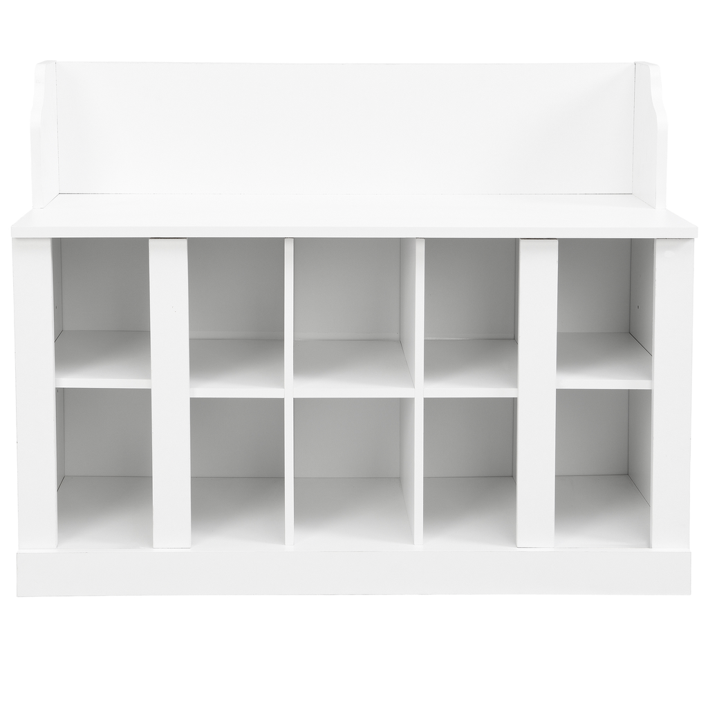White wooden entryway bench with  cubbies for shoe storage