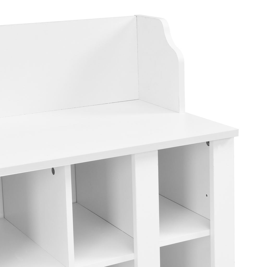 White wooden shoe bench with multiple cube storage shelves