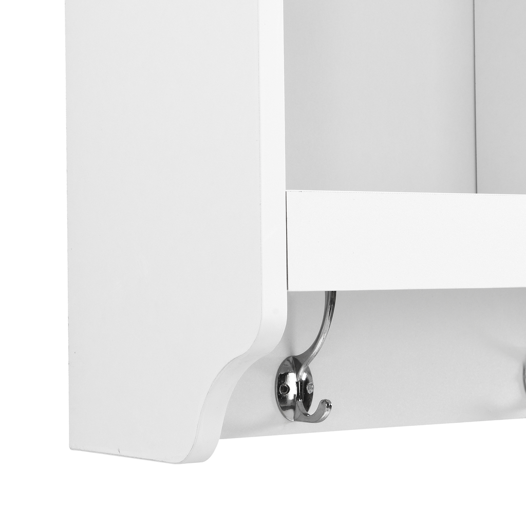 White wall shelf with chrome double coat hooks