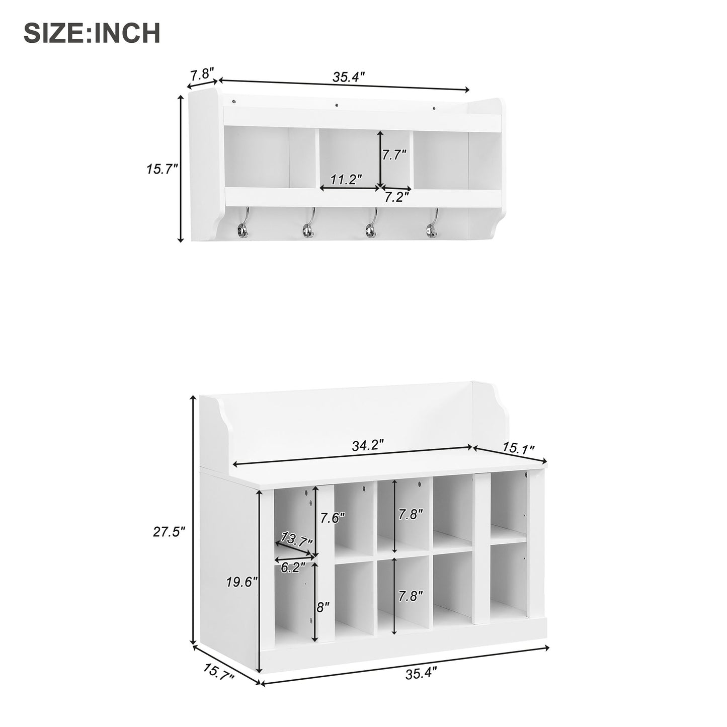 White entryway organizer with  hooks and  shelves