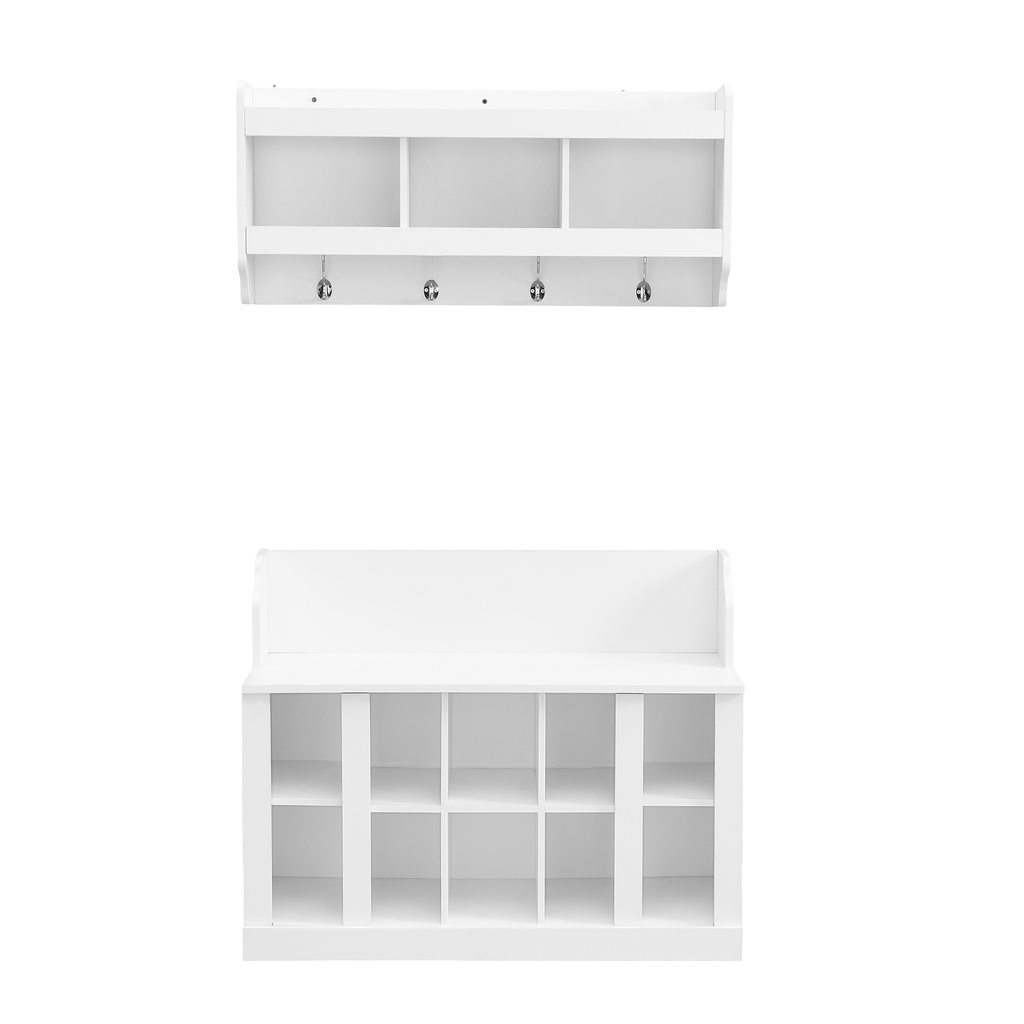 White wooden hall tree with three top compartments and four hooks
