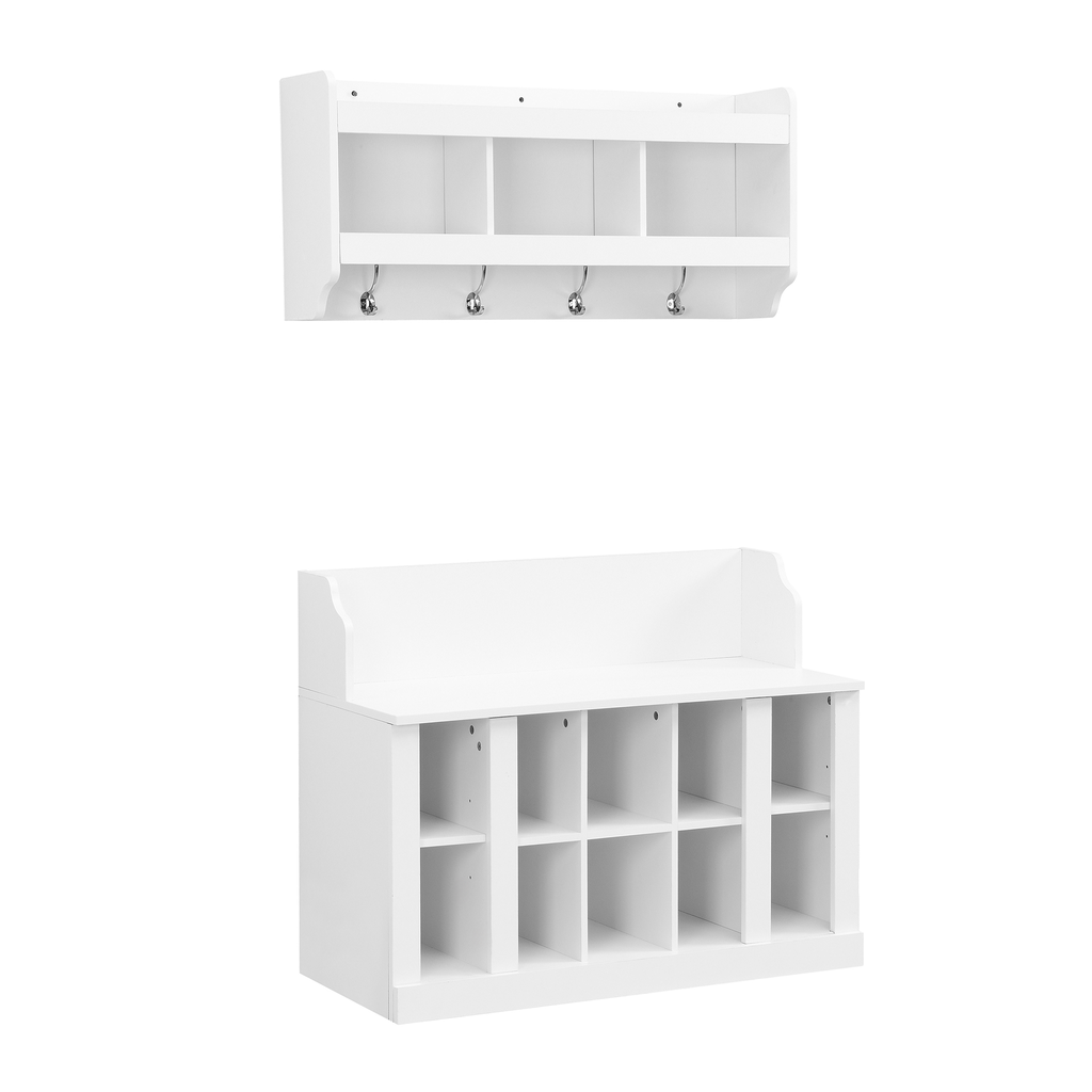 White entryway bench with storage cubbies and matching wallmounted shelf with hooks