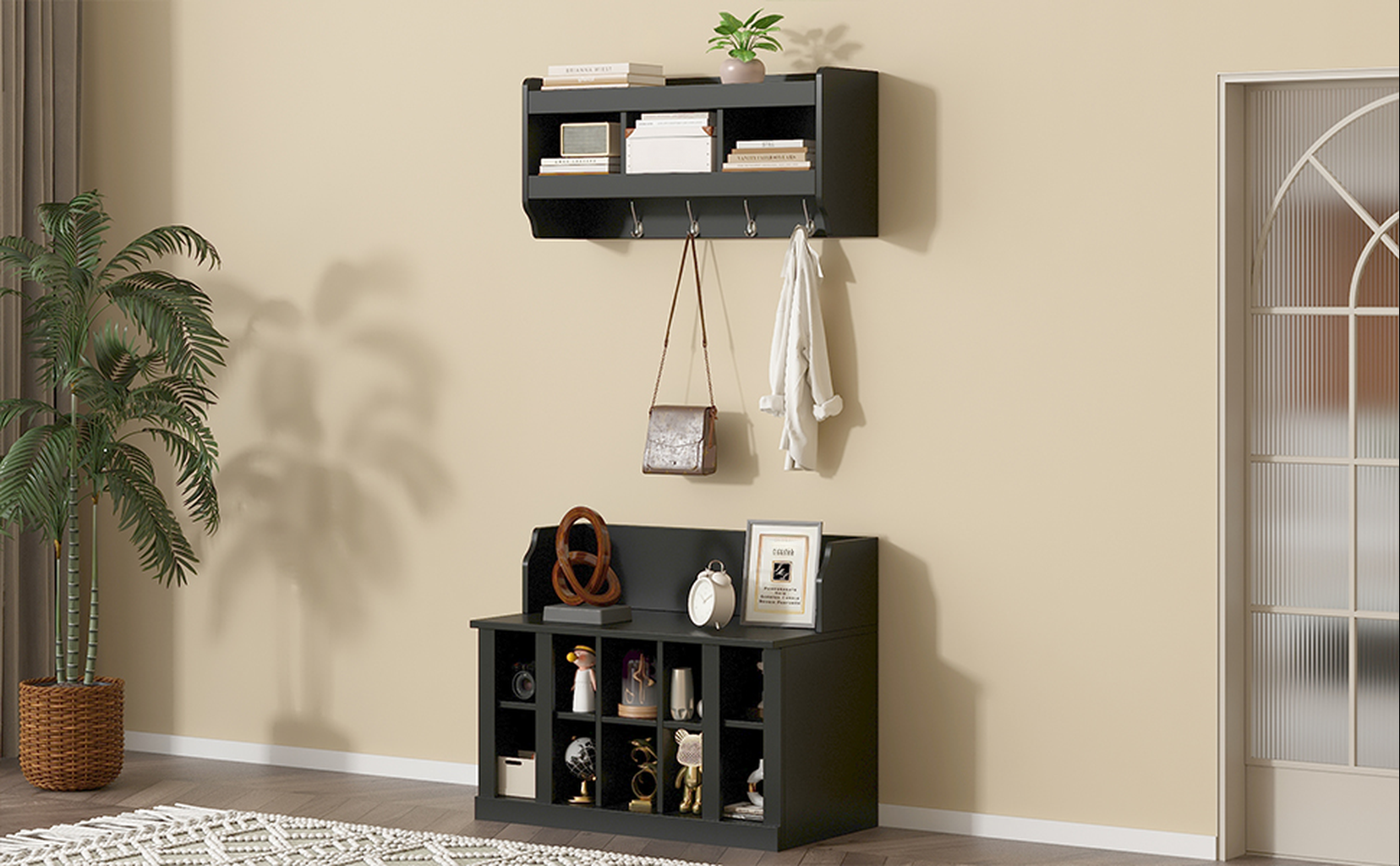 Black entryway shelf with hooks holding a brown purse and white jacket