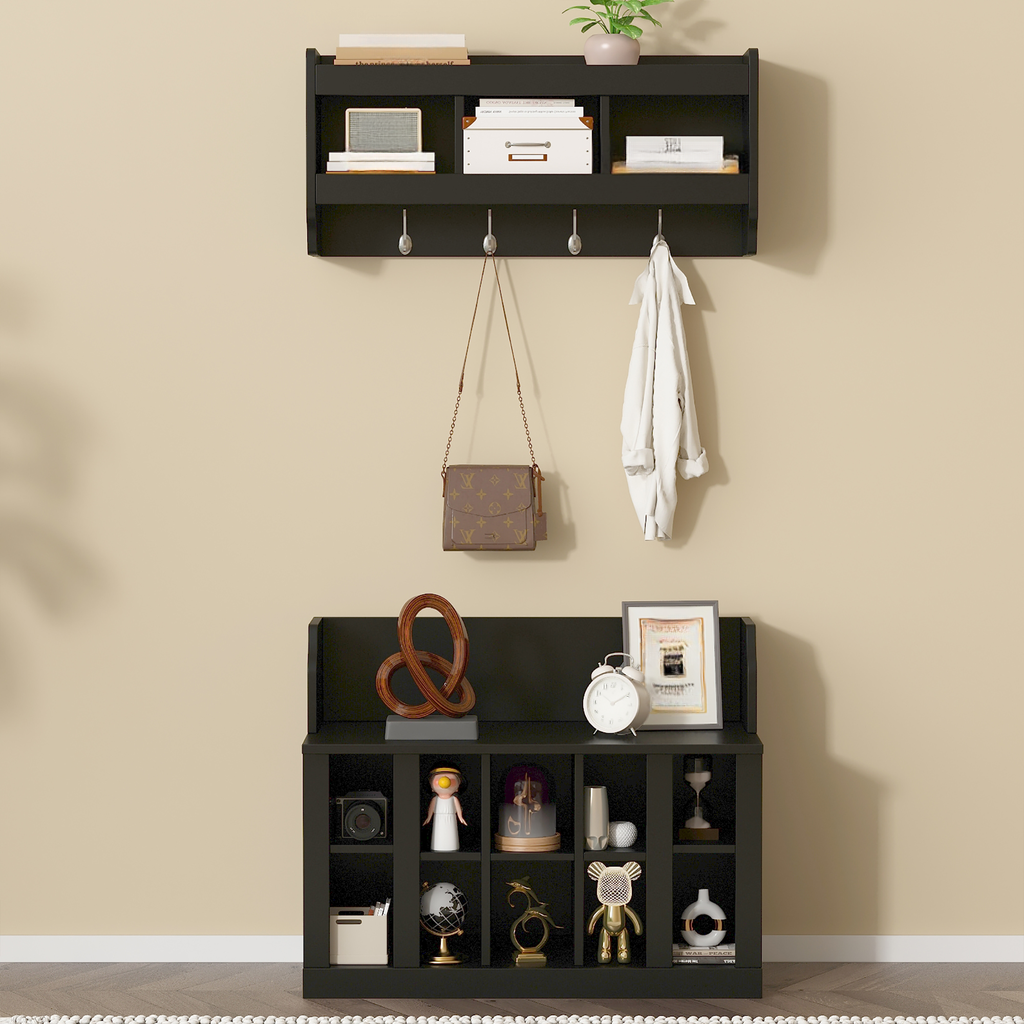 Black wallmounted shelf with coat hooks