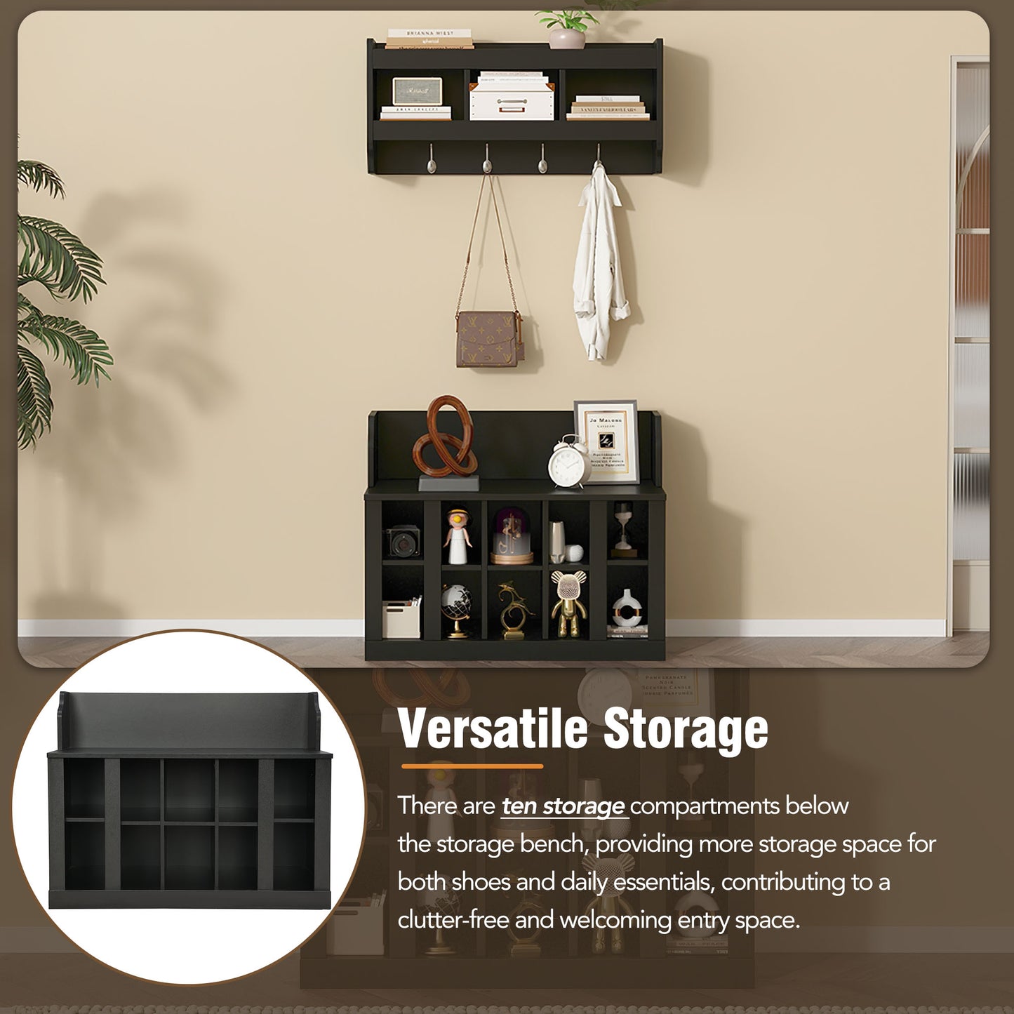 Black entryway bench with ten storage cubbies