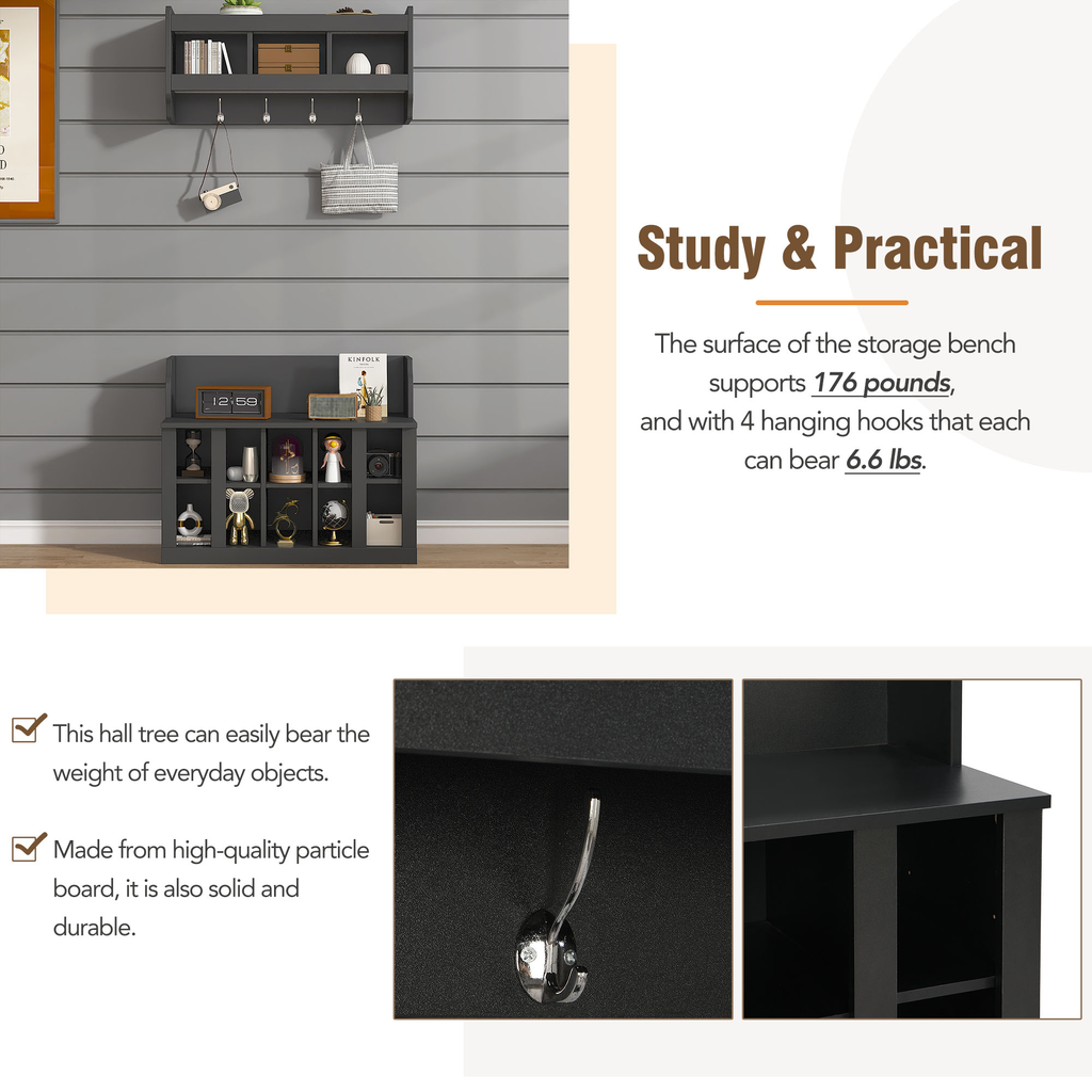 Dark gray hall tree with multiple shelves and hanging hooks for entryway organization