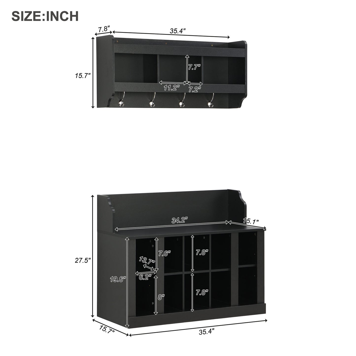 Black entryway wall organizer with  coat hooks and cubbies