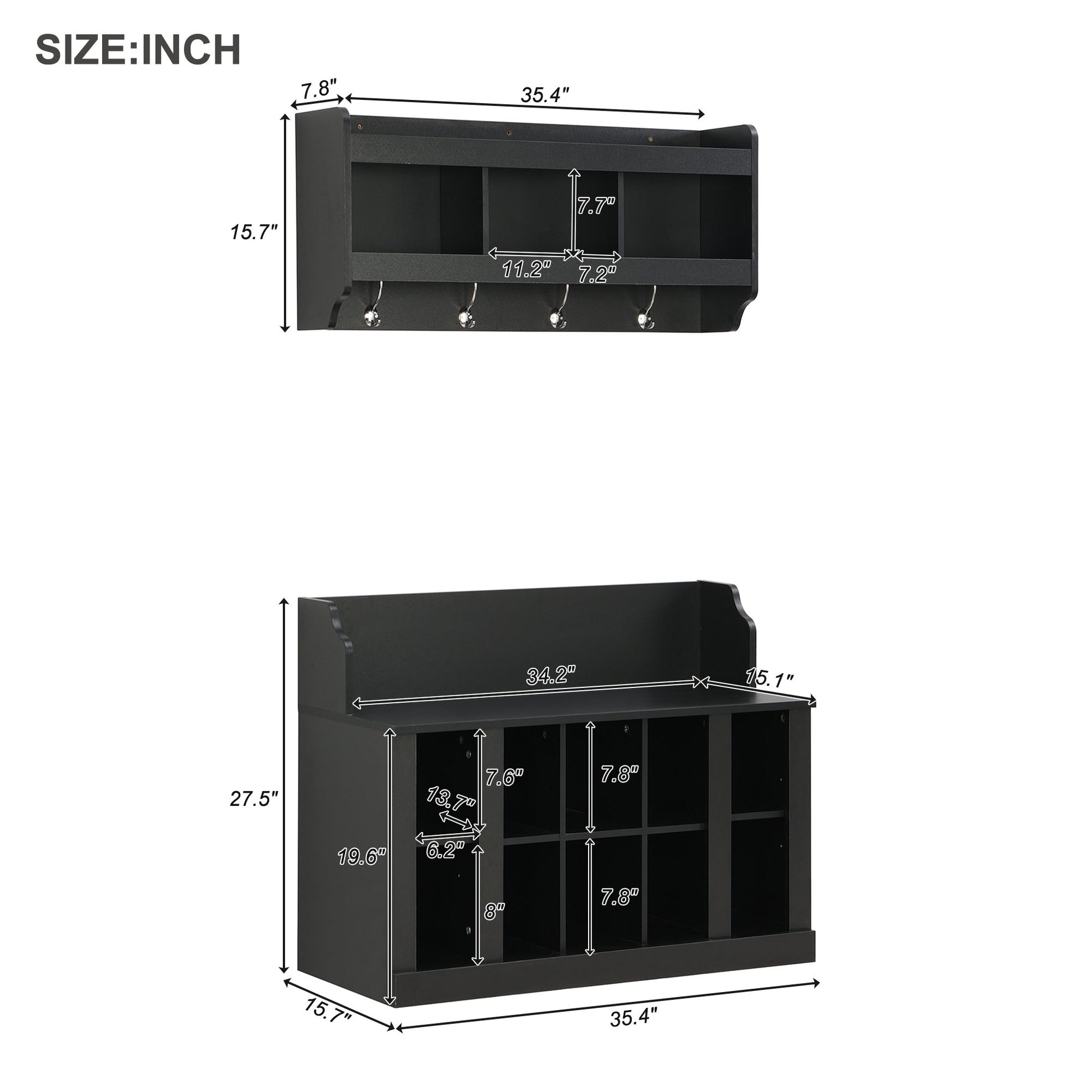 Black entryway wall organizer with  coat hooks and cubbies