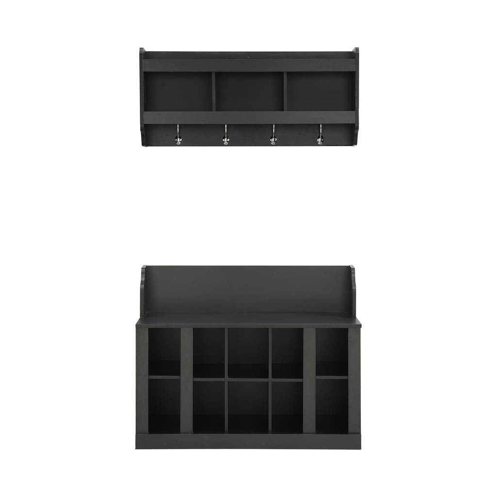 Dark grey entryway shelf with hooks