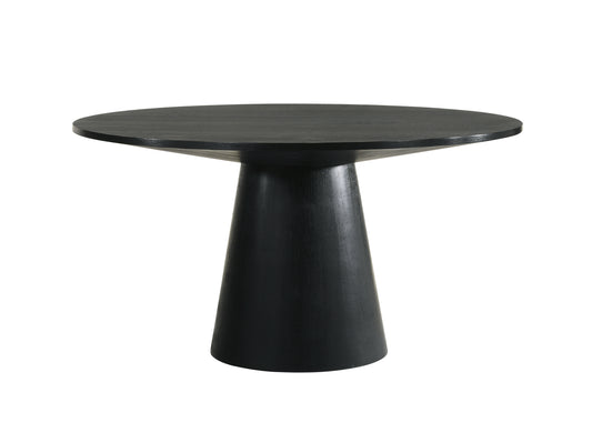Black round dining table with tapered pedestal base
