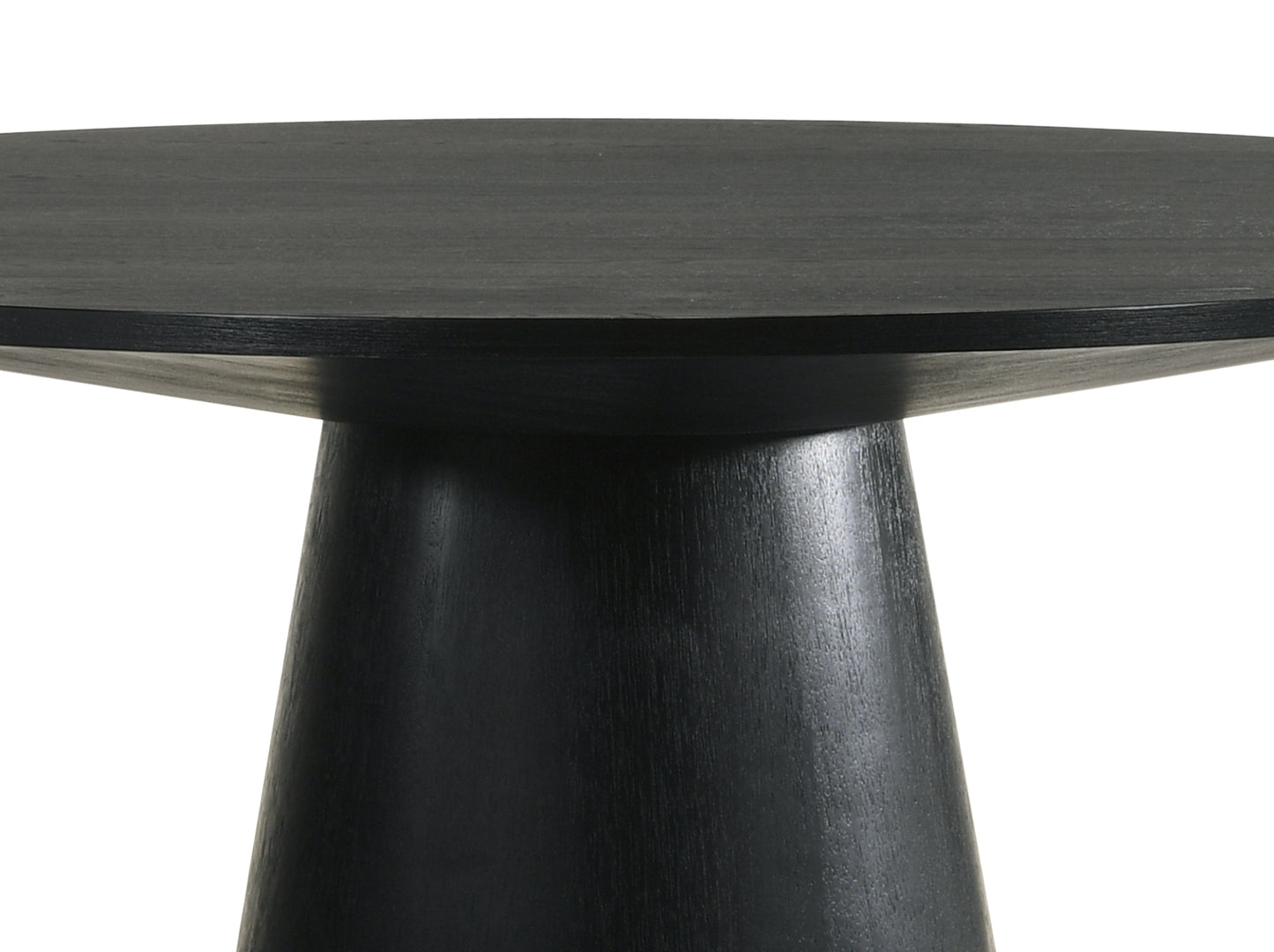 Black wooden round dining table with tapered pedestal base