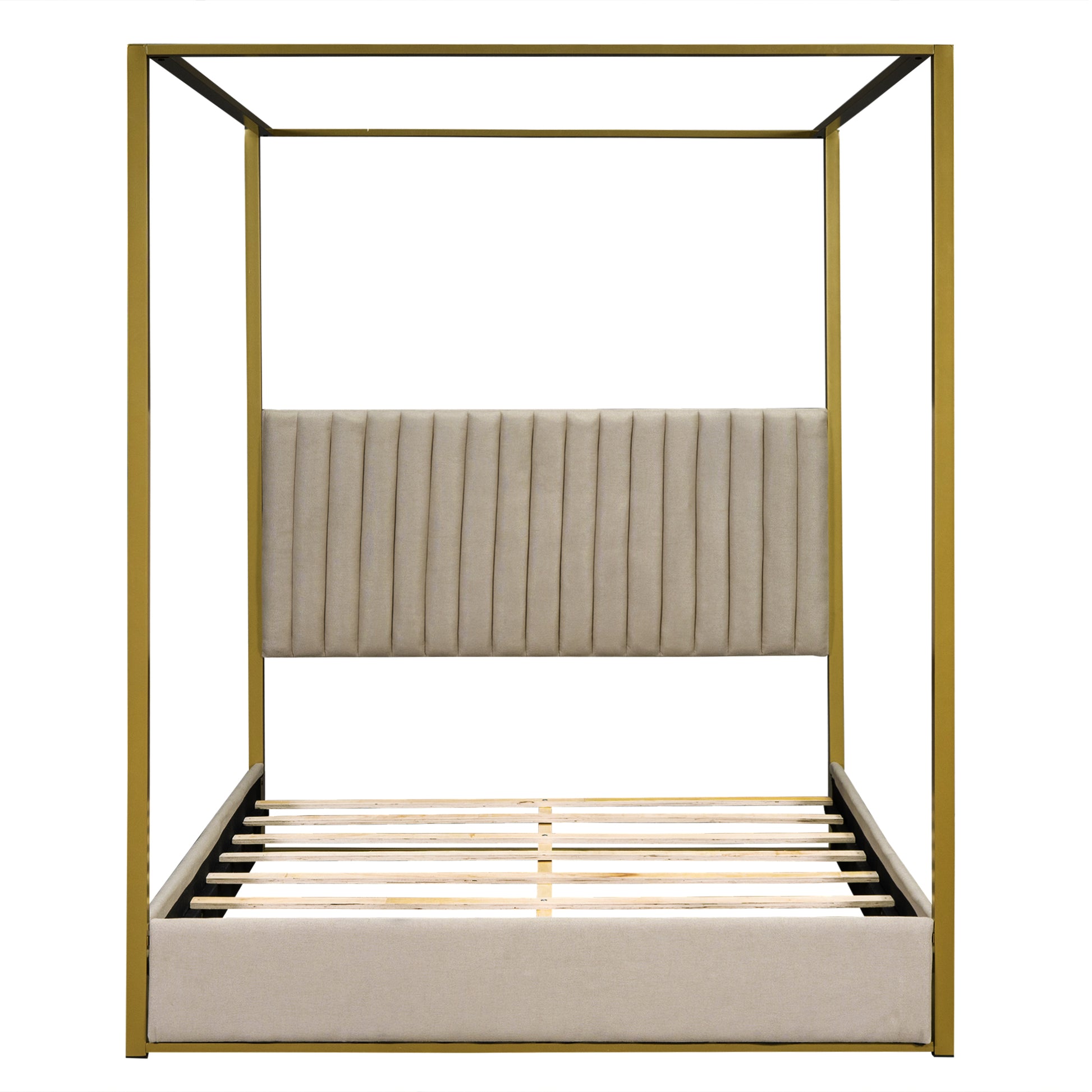 Gold metal canopy bed frame with beige upholstered headboard and slats