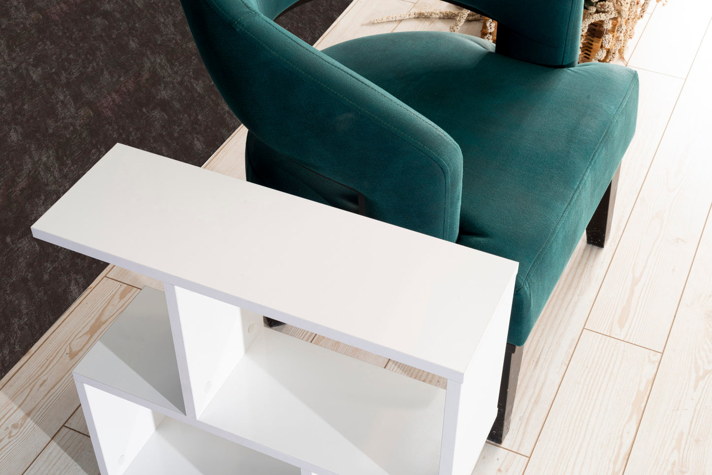 White minimalist side table with open shelves