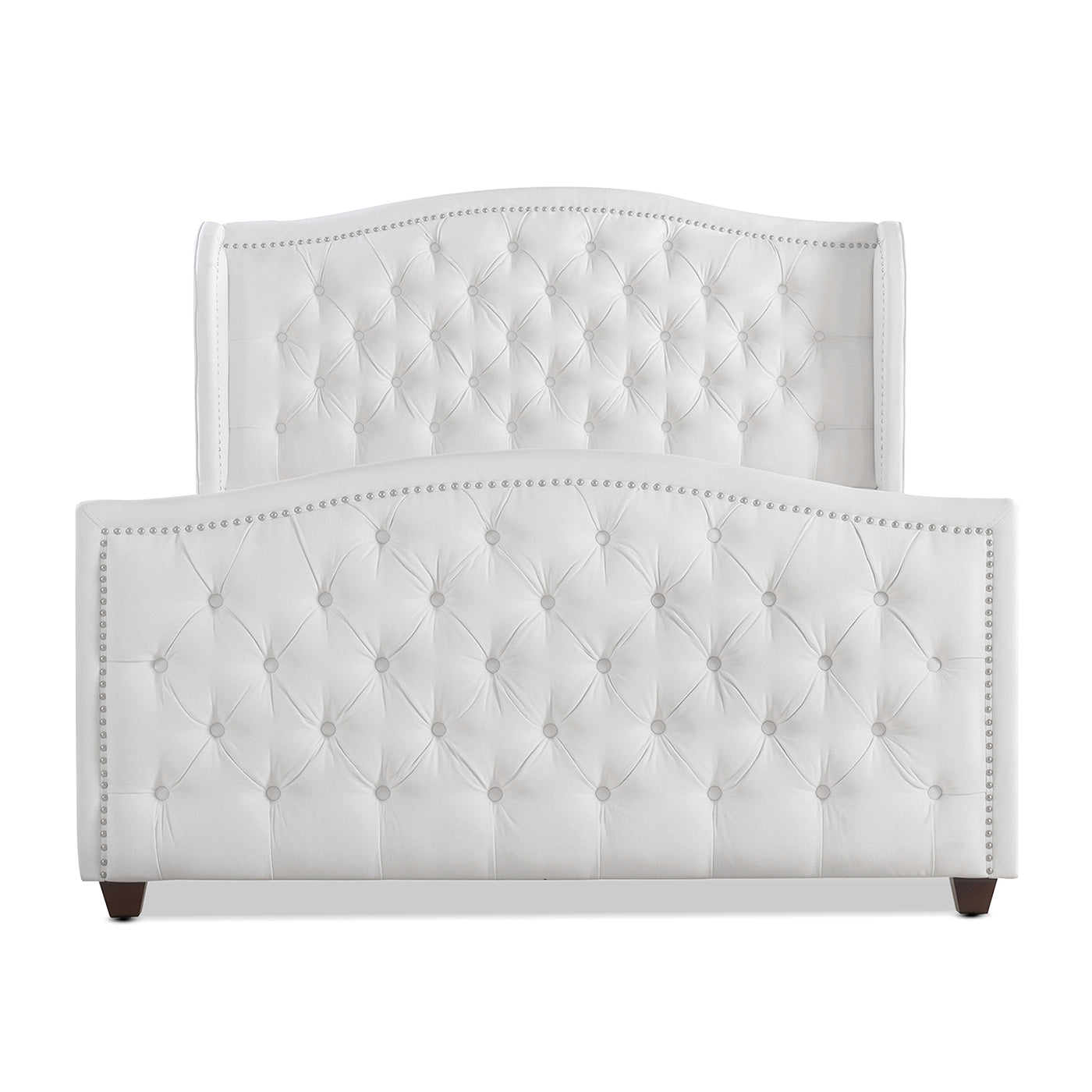 White tufted upholstered queen bed frame with silver nailhead trim