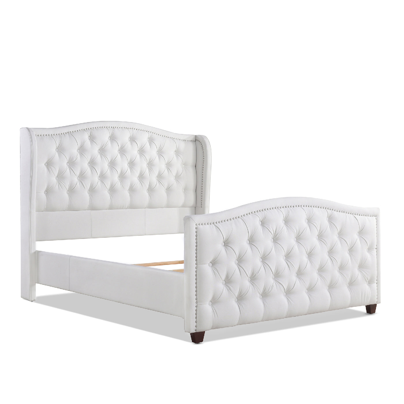 White tufted wingback bed frame with nailhead trim
