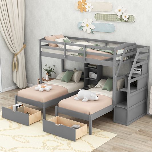 Gray twin over twin bunk bed with drawers