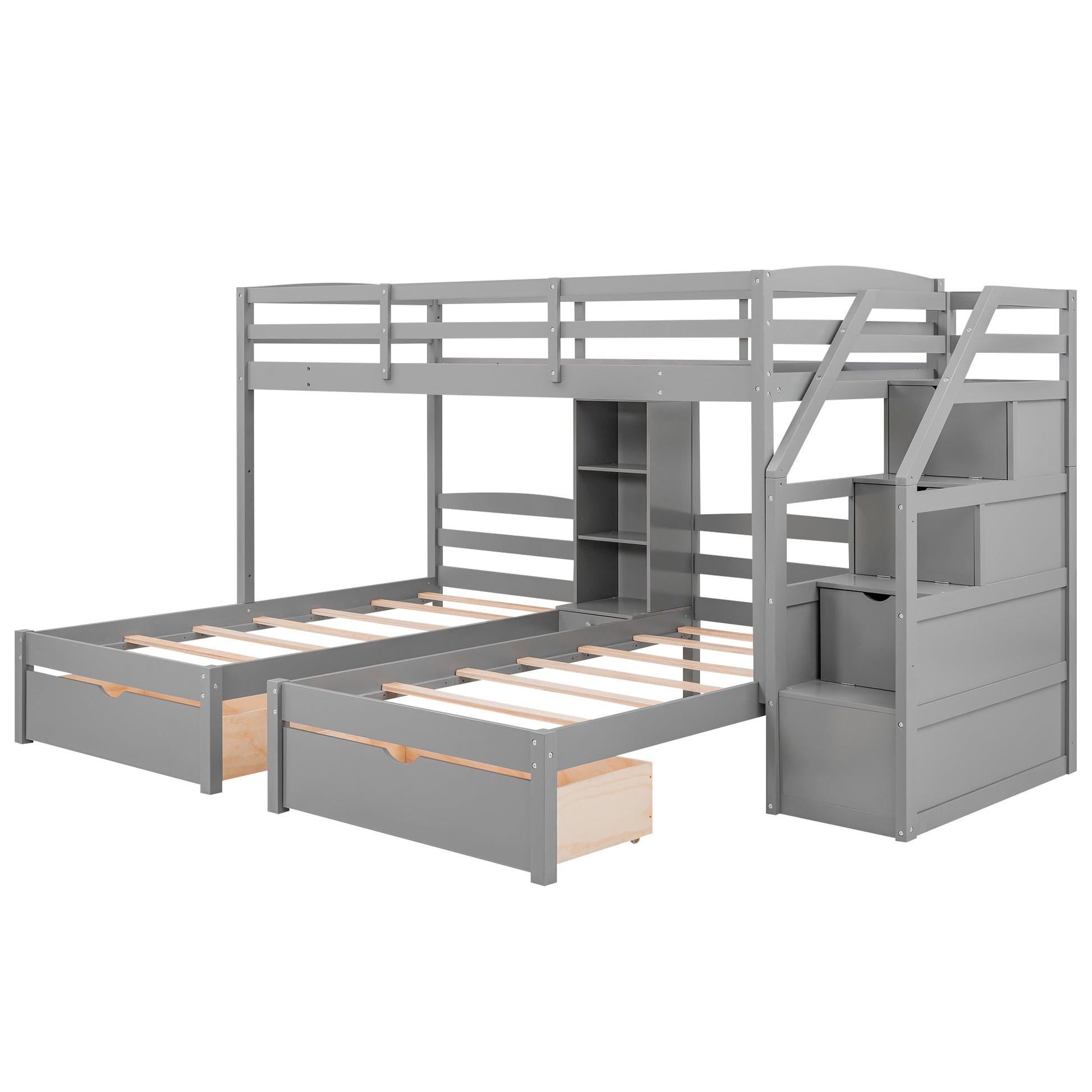 Gray wooden triple bunk bed with drawers