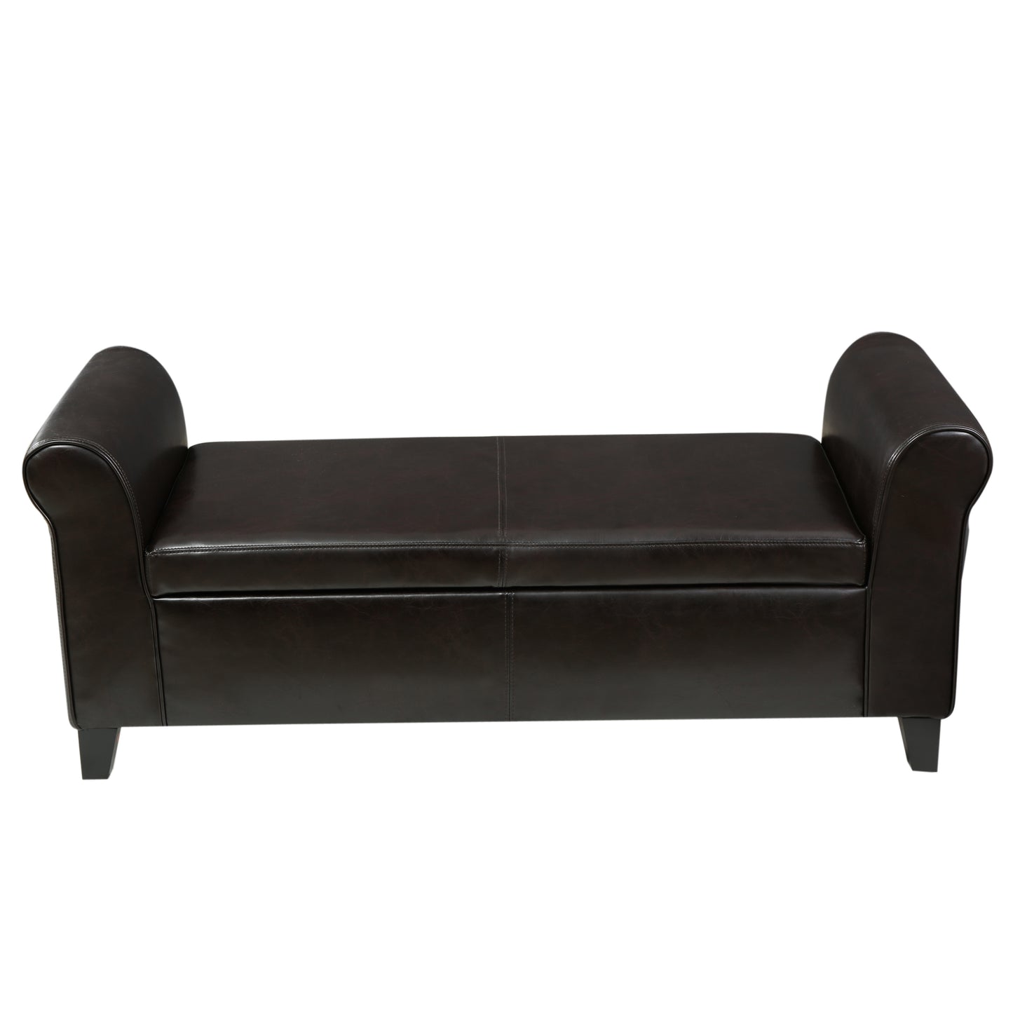 Dark brown faux leather storage bench with button tufted seat and rolled arms