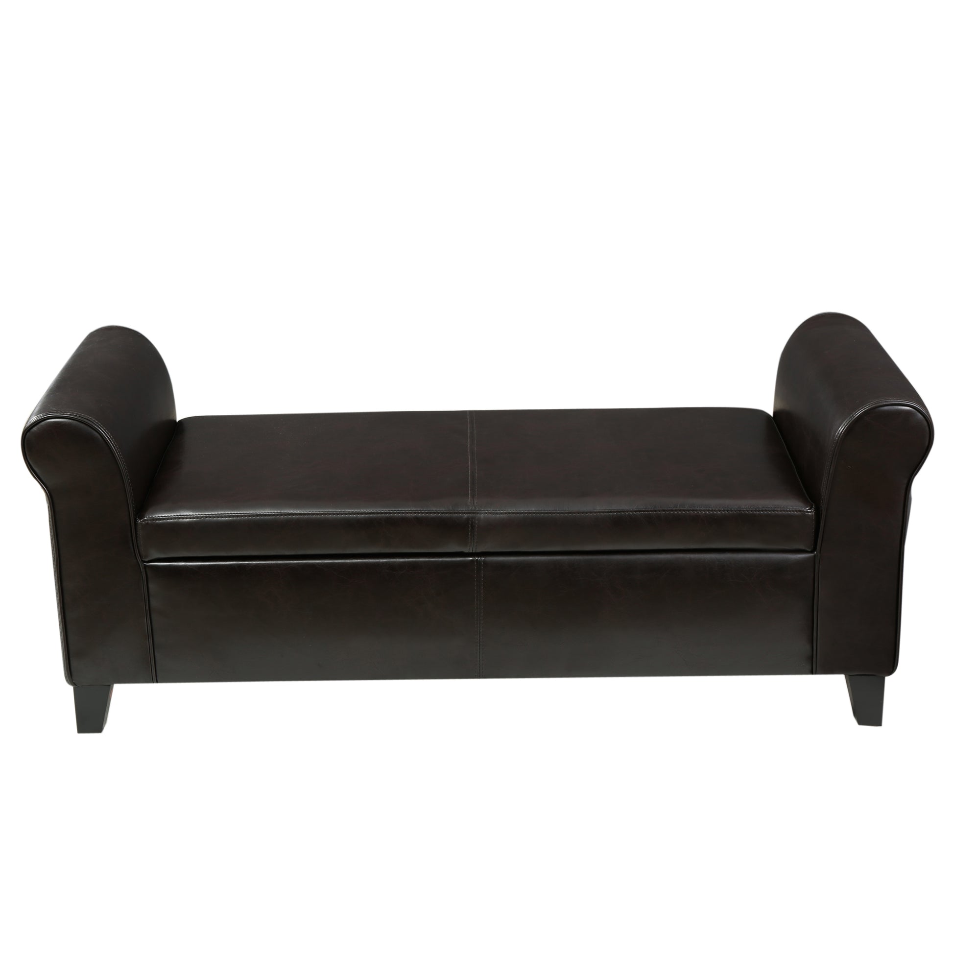 Dark brown faux leather storage bench with button tufted seat and rolled arms