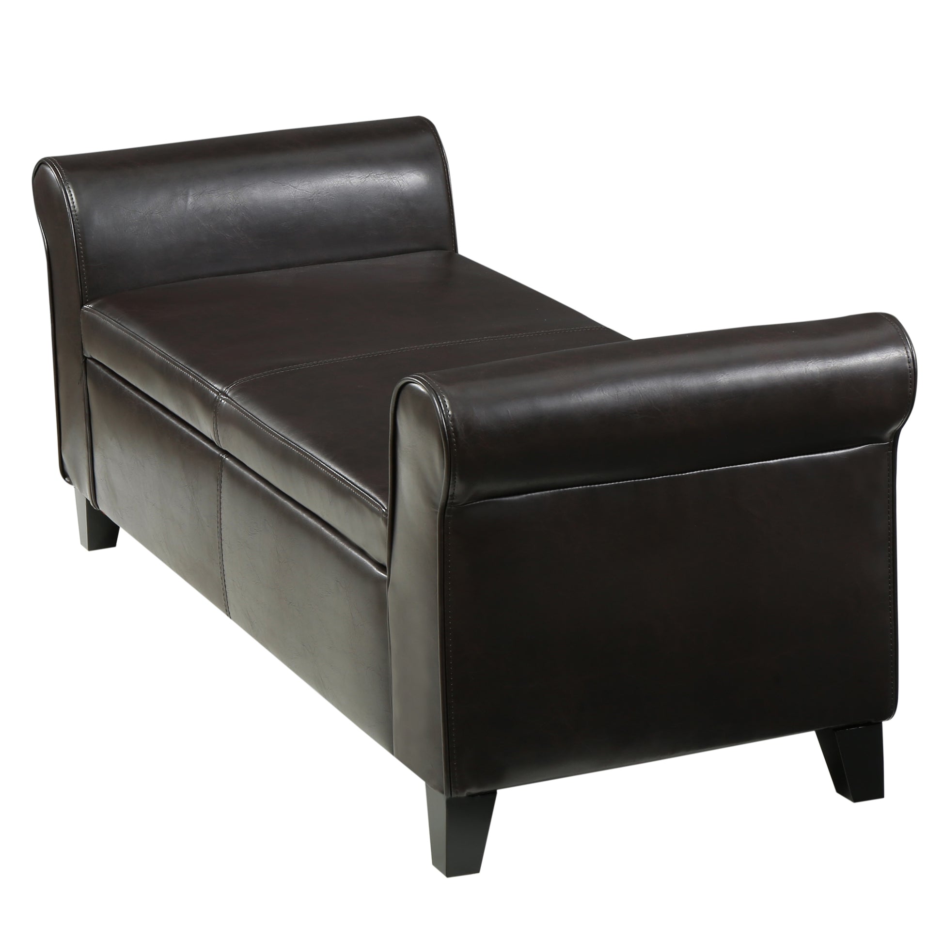 Dark brown faux leather storage bench with rolled arms and stitched detailing