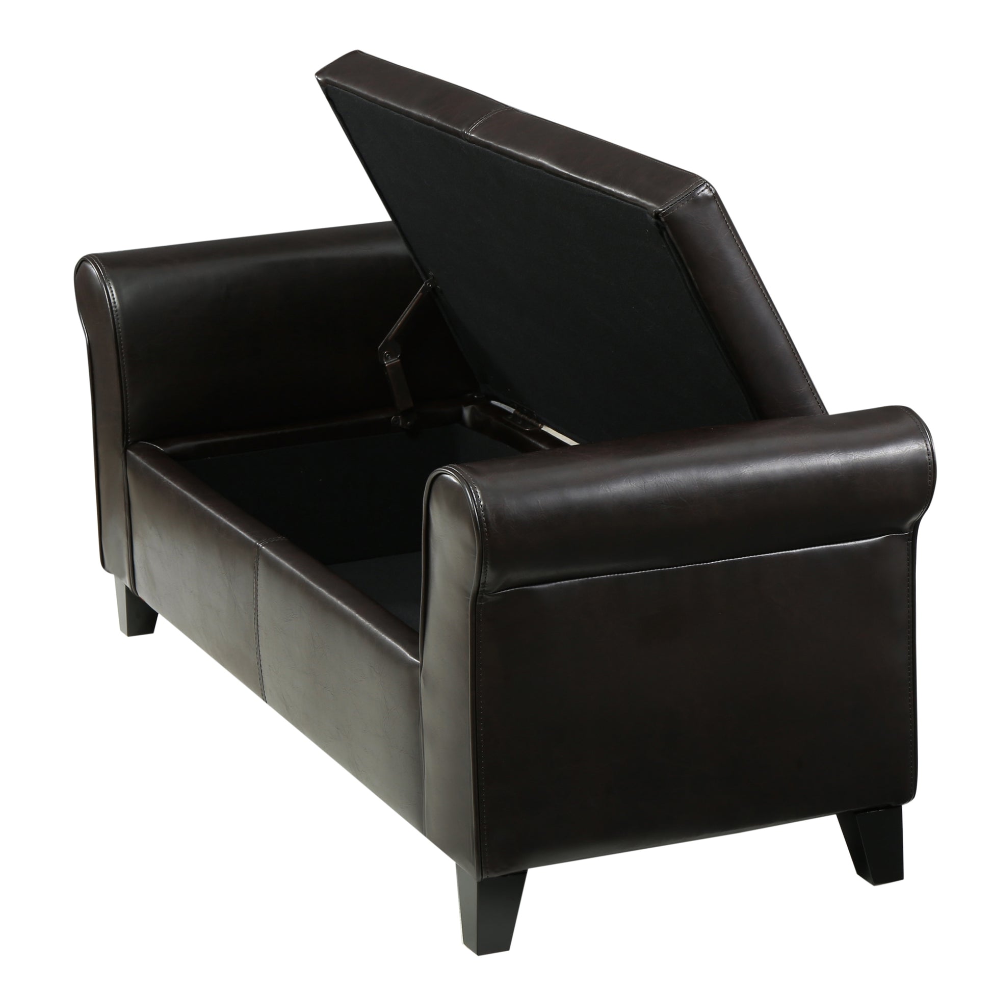 Dark brown faux leather storage ottoman with lid open showing black interior
