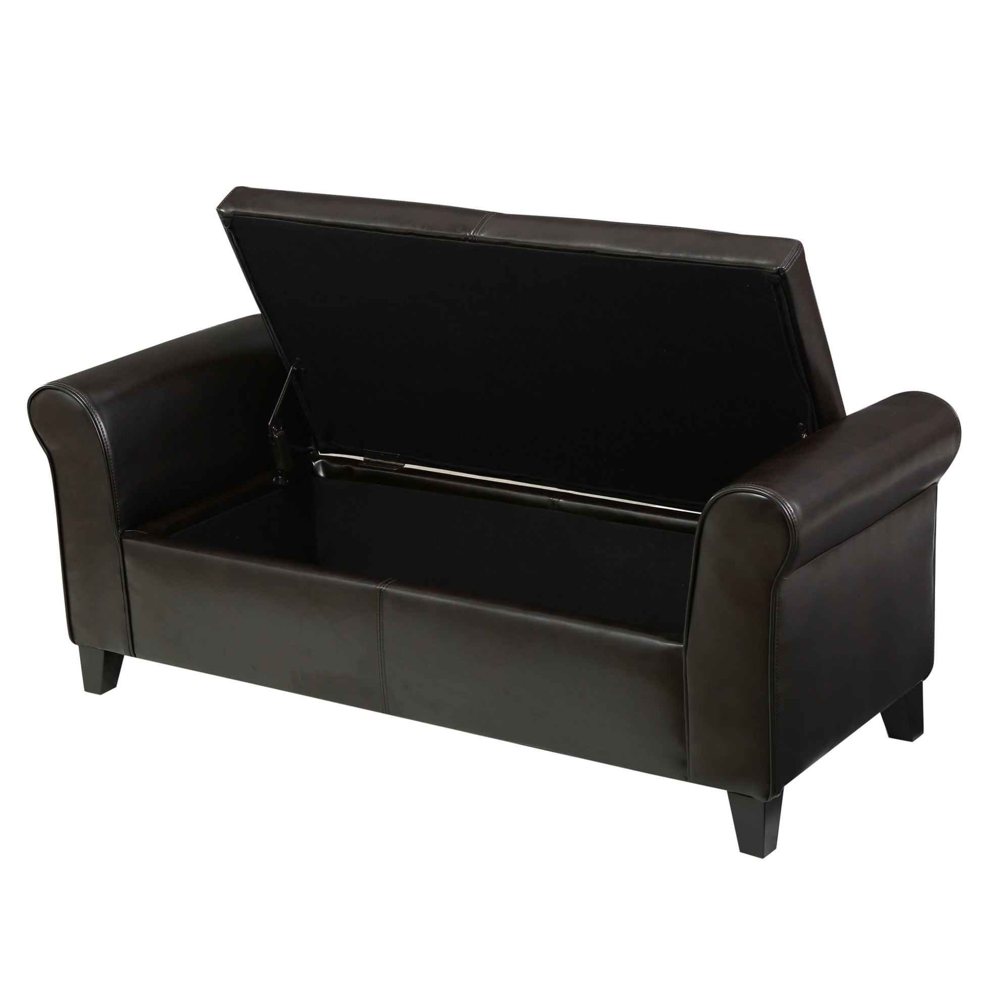 Dark brown faux leather storage bench with lifttop seat