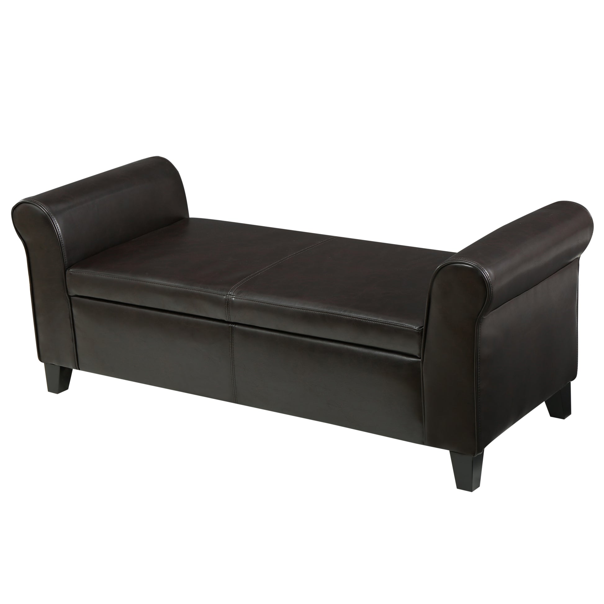 Dark brown faux leather storage bench with rolled arms