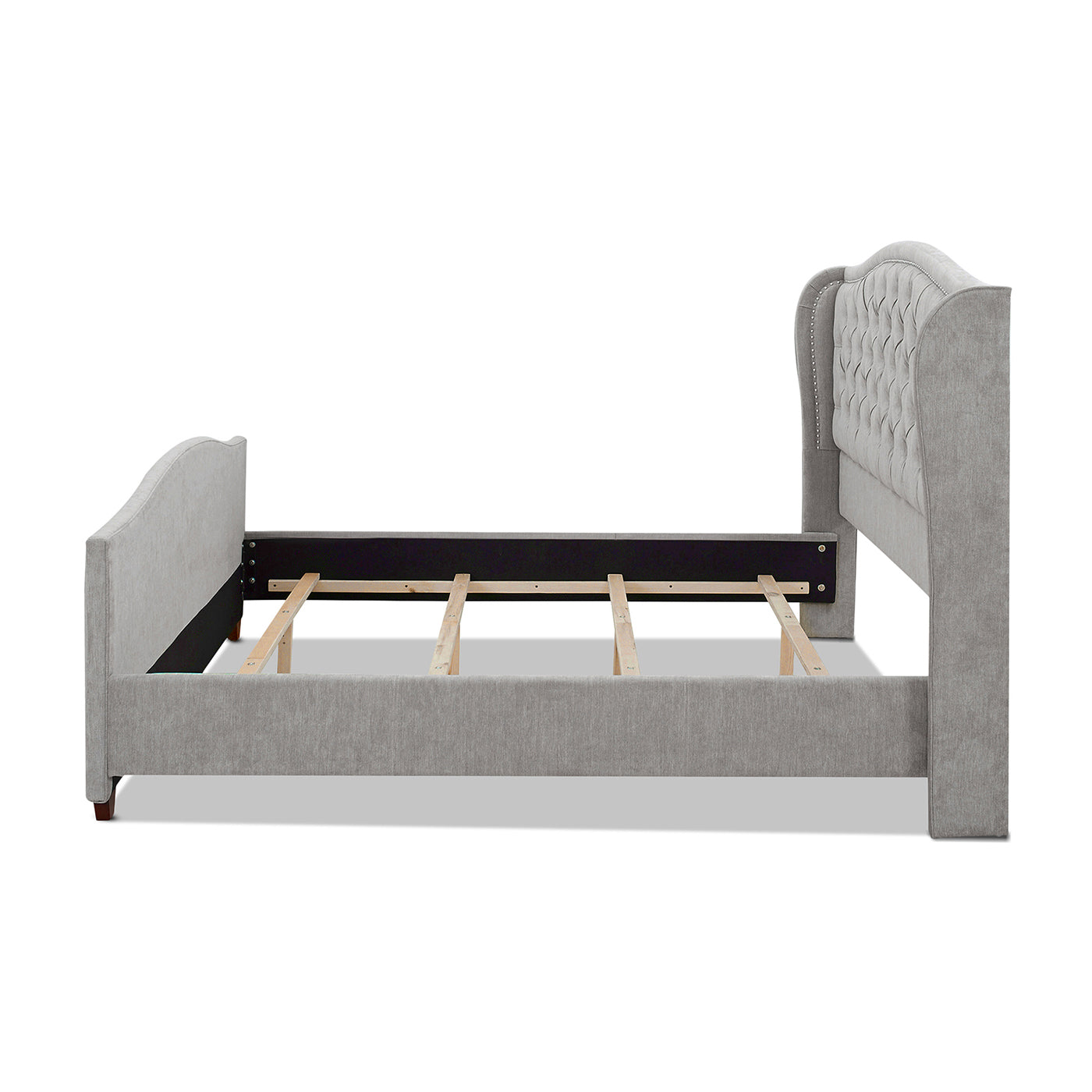Tufted grey fabric bed frame with curved headboard and wooden slats