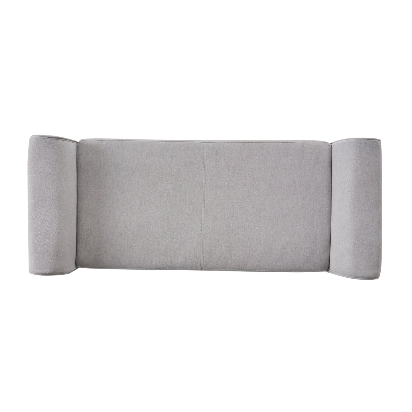 A minimalist light grey linen sofa with rounded arms and a stitched center seam