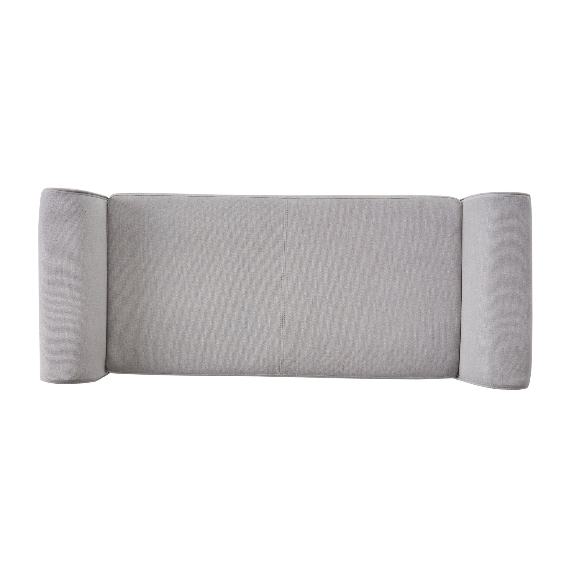 A minimalist light grey linen sofa with rounded arms and a stitched center seam