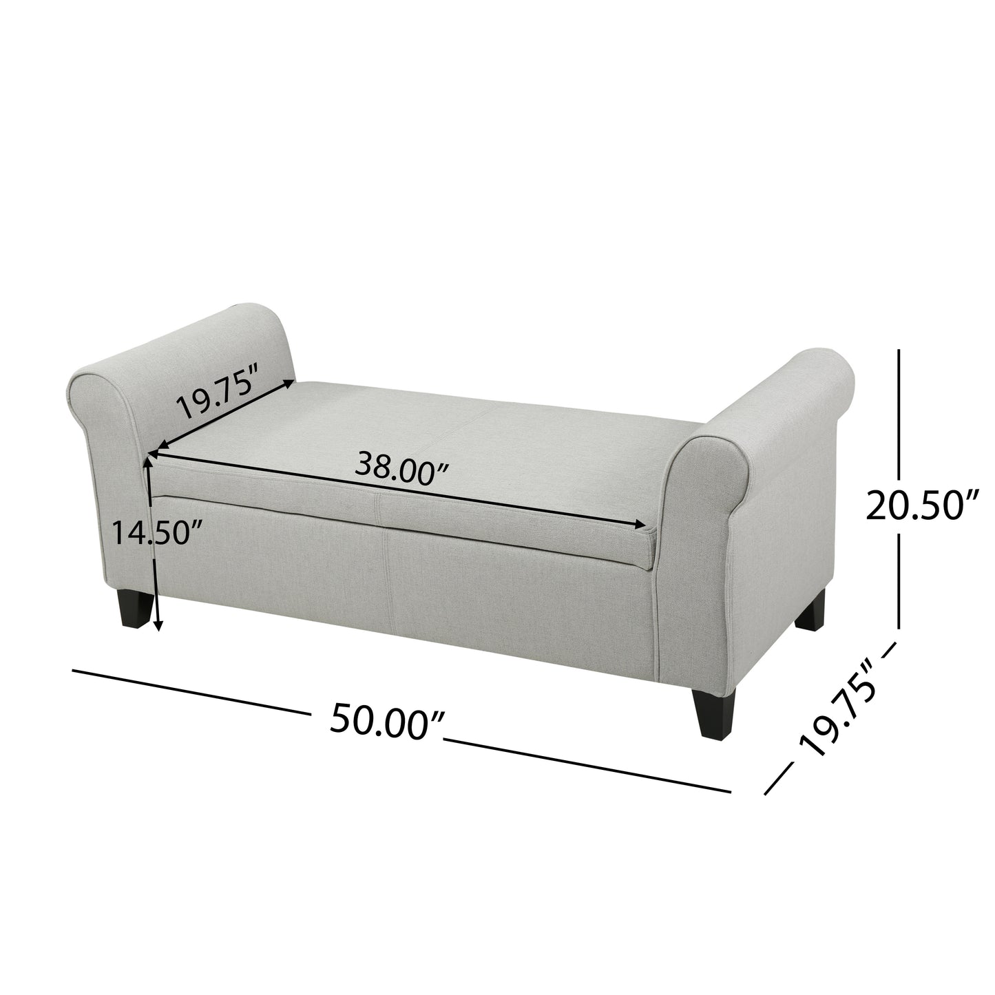 Light grey fabric storage bench with tufted seat and rolled arms